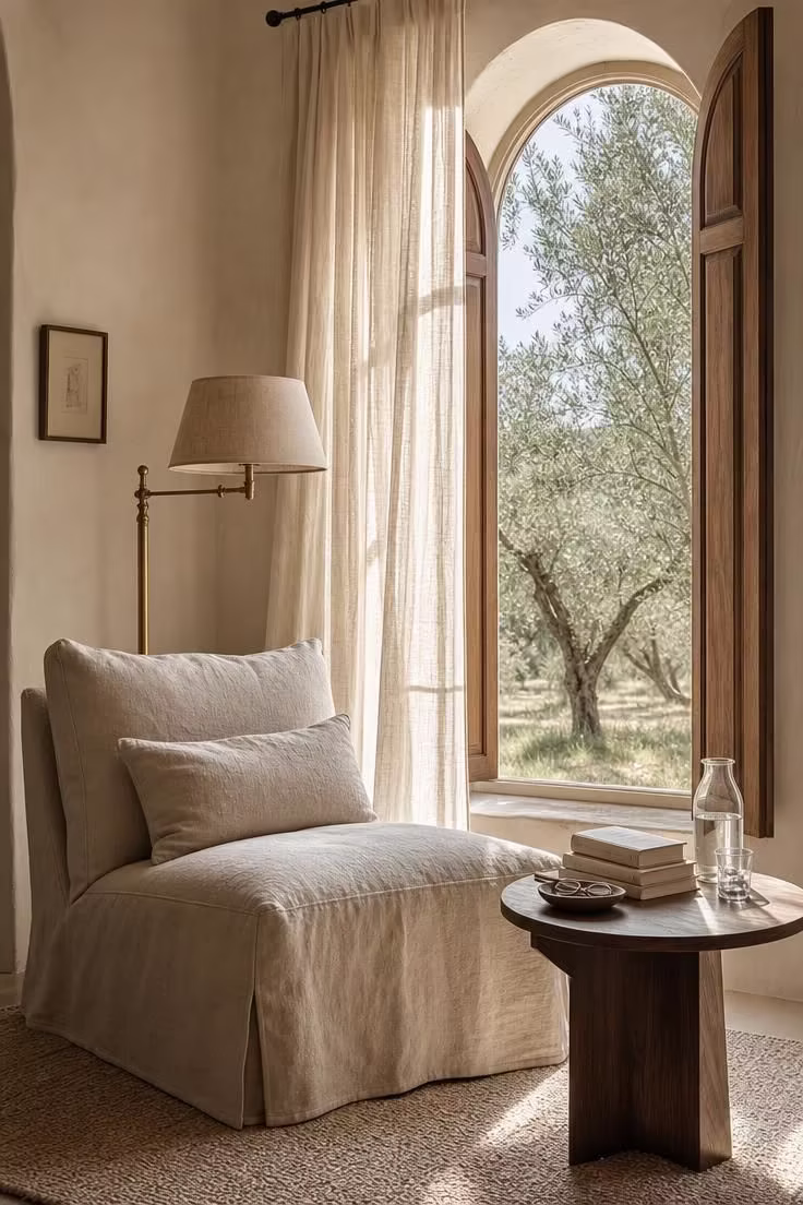 11 Breezy Italian Summer Bedroom Ideas for Lazy Afternoons 10 Linen-upholstered slipcovered reading chair beside an arched window with shutters open in a soft Italian summer bedroom.