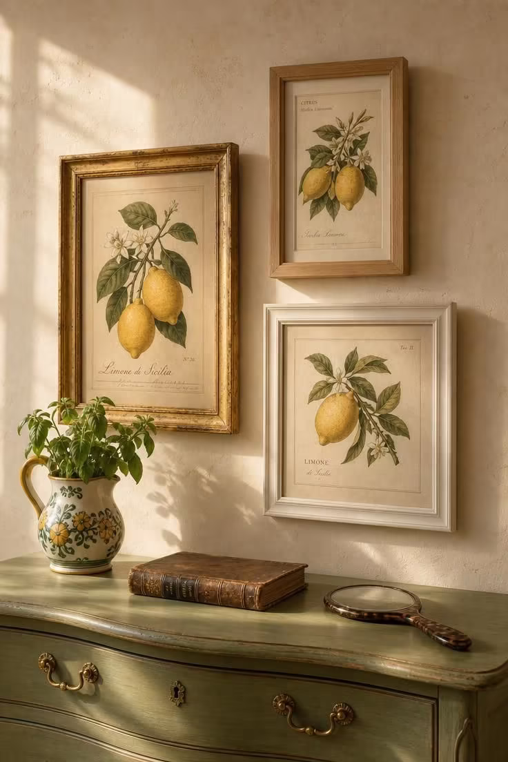 11 Breezy Italian Summer Bedroom Ideas for Lazy Afternoons 11 Framed botanical lemon prints clustered above a painted sage dresser in a warm Italian summer bedroom.