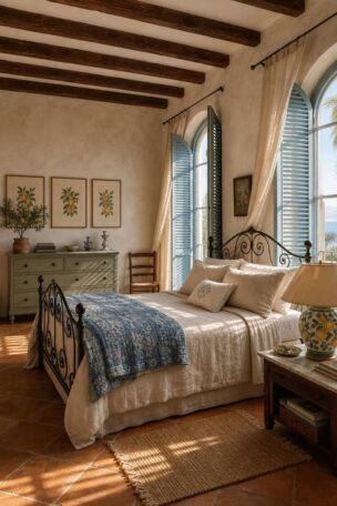 Complete Italian summer bedroom with wrought iron bed, linen bedding, blue shutters, and terracotta tile floor in warm afternoon light.