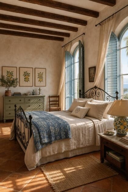 11 Breezy Italian Summer Bedroom Ideas for Lazy Afternoons Complete Italian summer bedroom with wrought iron bed, linen bedding, blue shutters, and terracotta tile floor in warm afternoon light.