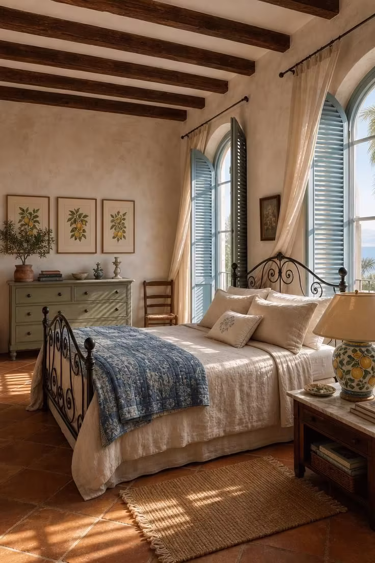 Complete Italian summer bedroom with wrought iron bed, linen bedding, blue shutters, and terracotta tile floor in warm afternoon light.
