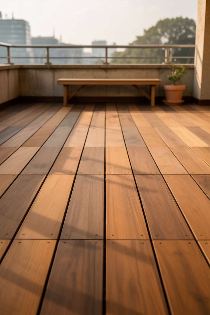 11 Dreamy Japandi Balcony Ideas to Create Your Zen Space 1 Natural teak wood decking on a minimalist japandi balcony in warm morning light