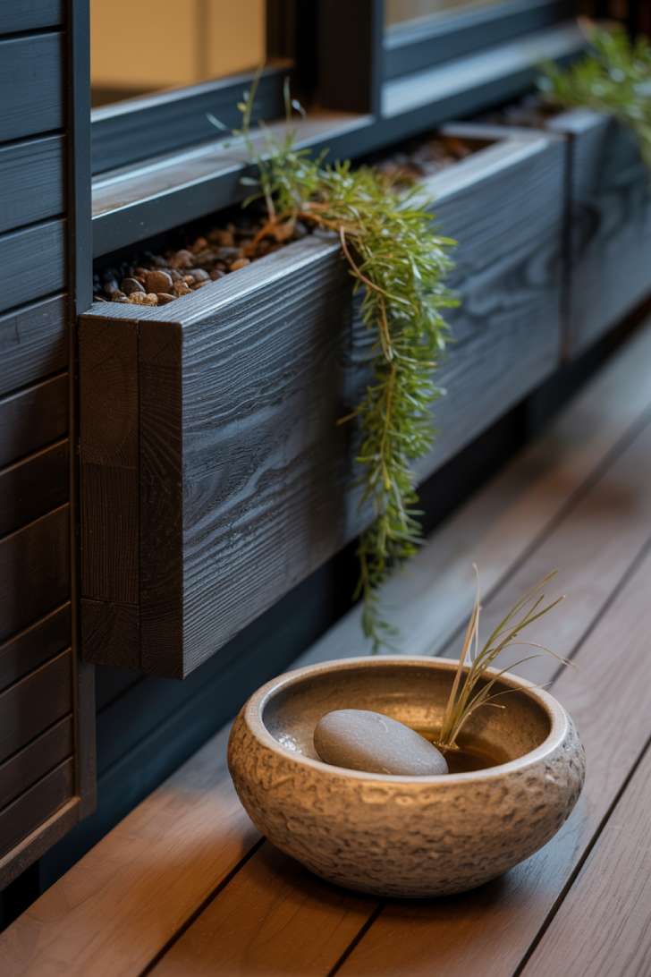 11 Dreamy Japandi Balcony Ideas to Create Your Zen Space 10 Shou Sugi Ban charred wood planter and handmade ceramic bowl on a japandi balcony