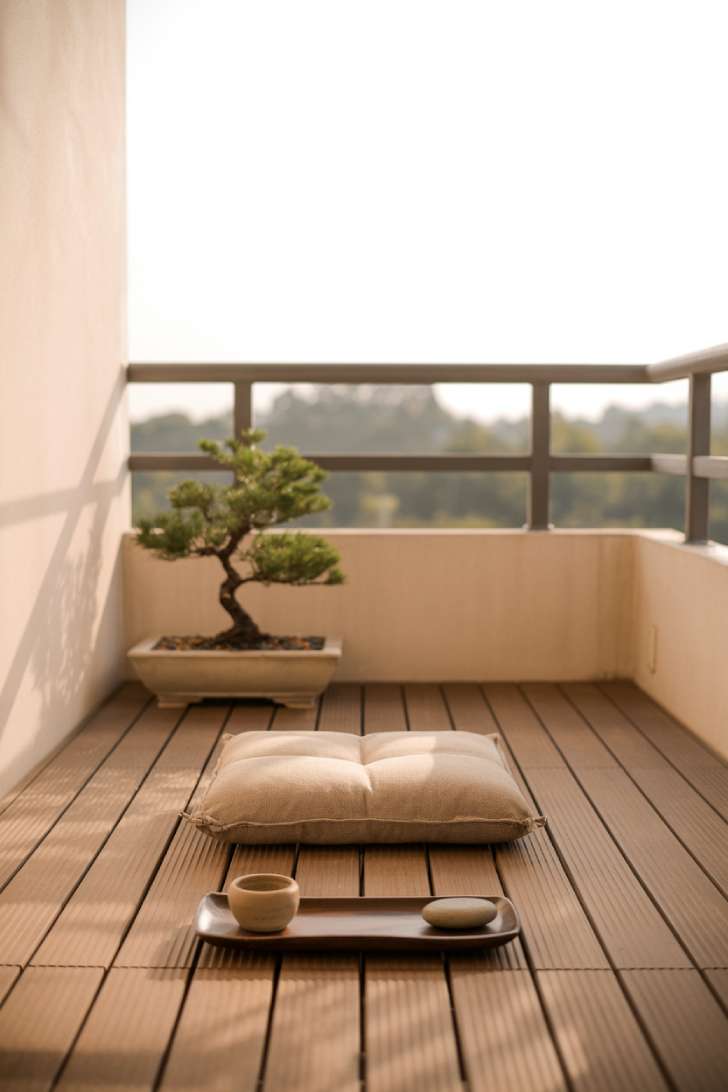 11 Dreamy Japandi Balcony Ideas to Create Your Zen Space 11 Zabuton floor cushion, low tray, and bonsai in a japandi meditation corner on a teak balcony