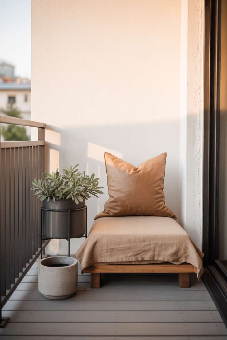 11 Dreamy Japandi Balcony Ideas to Create Your Zen Space 2 Warm neutral japandi balcony palette with charcoal accents and sage green plant