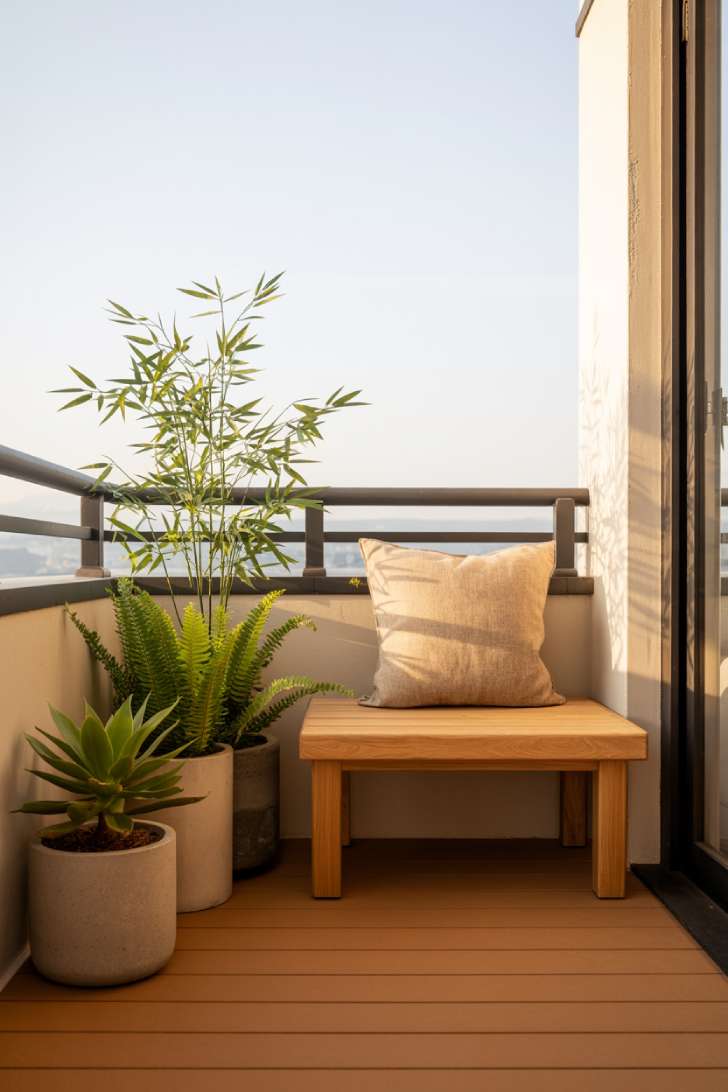 11 Dreamy Japandi Balcony Ideas to Create Your Zen Space 3 Low oak bench with linen cushion and grouped plants on a teak japandi balcony