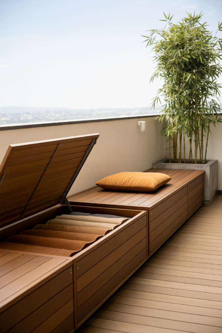 11 Dreamy Japandi Balcony Ideas to Create Your Zen Space 4 Built-in ash wood storage bench with lift-top lid on a clean japandi balcony