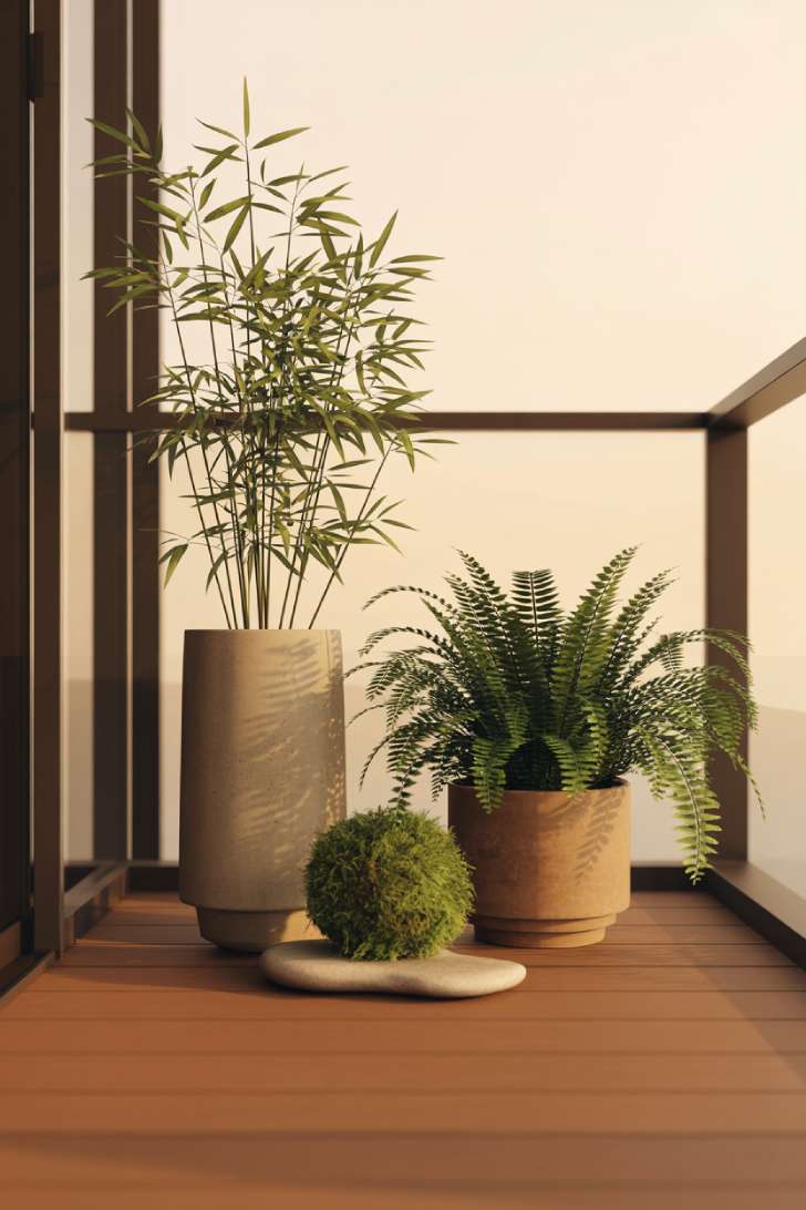11 Dreamy Japandi Balcony Ideas to Create Your Zen Space 6 Grouped bamboo, fern, and kokedama plants in concrete and terracotta planters on a japandi balcony