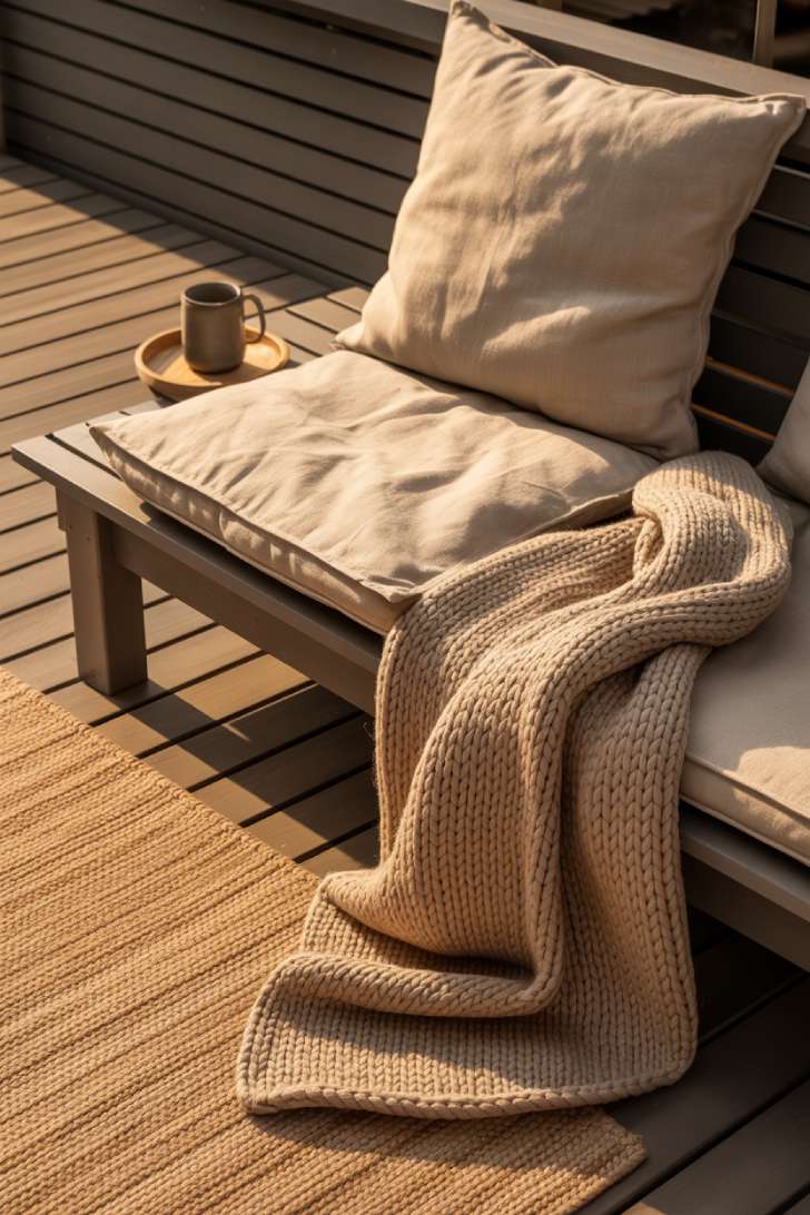 11 Dreamy Japandi Balcony Ideas to Create Your Zen Space 7 Linen cushion, wool throw, and jute rug layered on a low bench on a warm japandi balcony