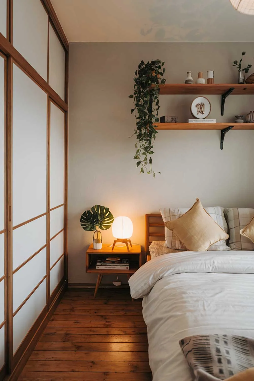 A cozy japandi bedroom interior design. The room has a wooden floor and is decorated with a mix of Japanese and Scandinavian furniture. There is a wooden bed with a white duvet and two yellow pillows. Next to the bed, there is a wooden nightstand with a white lamp and a green plant. The walls are painted in a light gray color. There is a wooden wardrobe with a white door. The room has a few wooden shelves with decorative items. The lighting is warm.