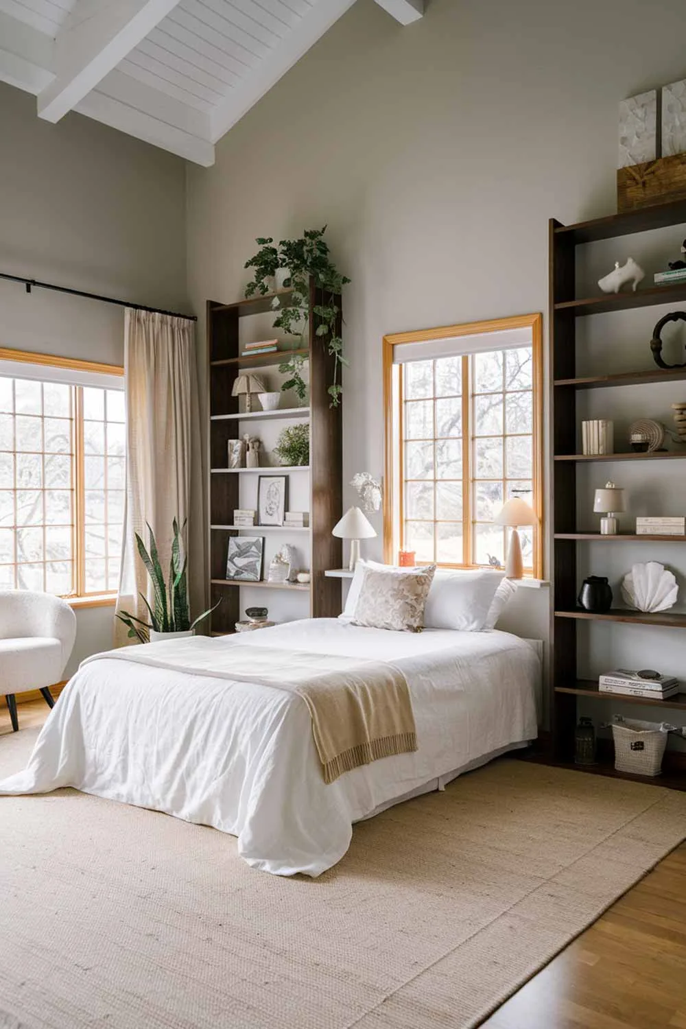 A cozy Japandi bedroom interior design. The room has a high ceiling and is filled with natural light. There is a queen-sized bed with a white sheet and a beige blanket. The bed is positioned against the wall and is flanked by two tall, dark wood storage shelves. The shelves hold a variety of items, including a lamp, a plant, books, and decorative items. The room has a beige rug that covers the wooden floor. The walls are painted in a light grey shade. There is a white chair in the corner, near the window. The window has wooden frames and is covered with a beige curtain. The room has a few decorative items, such as a plant, a lamp, and some books.