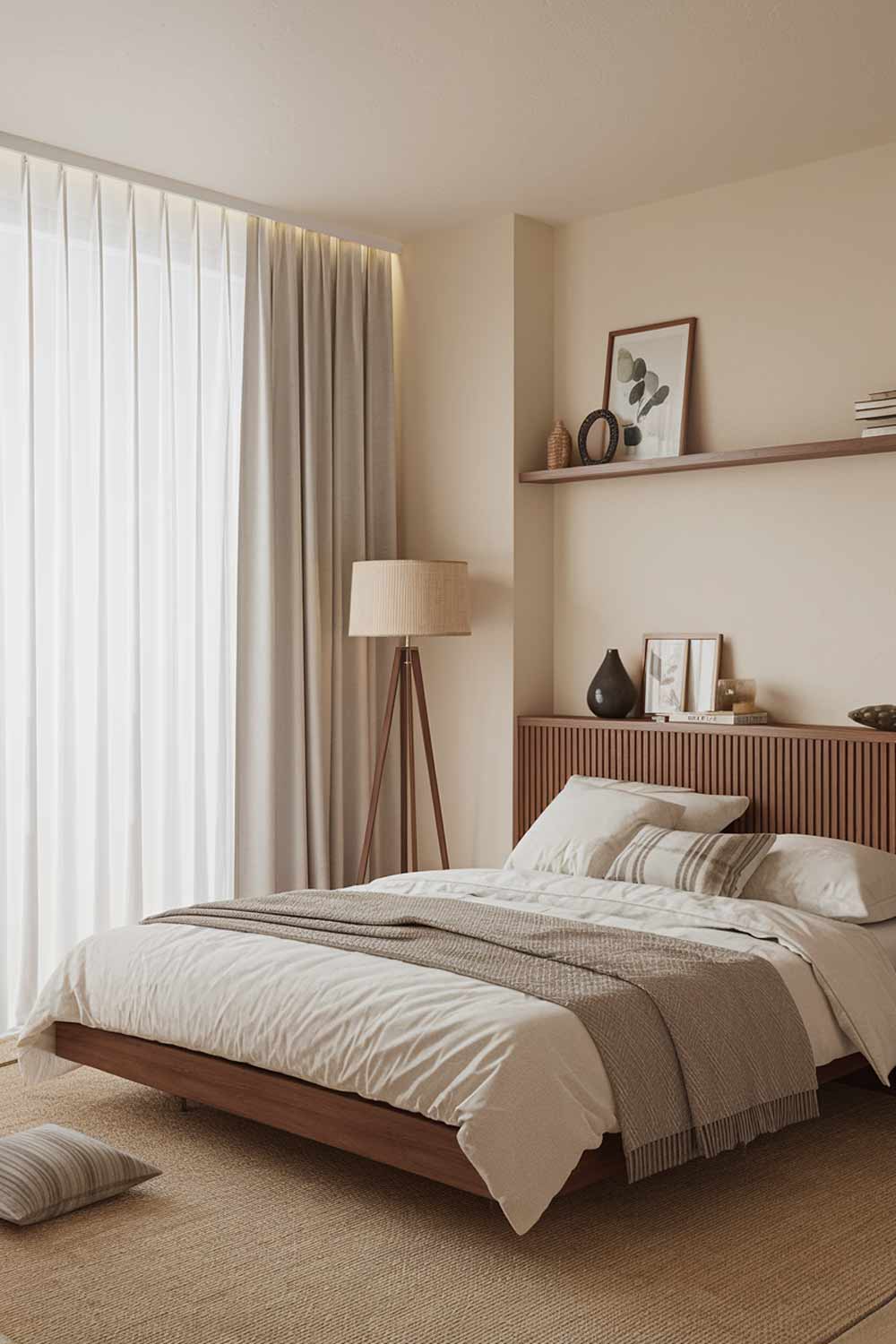 A cozy japandi bedroom interior design with a queen-size bed, a wooden headboard, and a few pillows. There's a floor lamp beside the bed and a few decorative items on the wooden shelves above the bed. The room has a large window with white curtains, and the walls are painted in a soft beige color. The floor is covered with a beige rug.