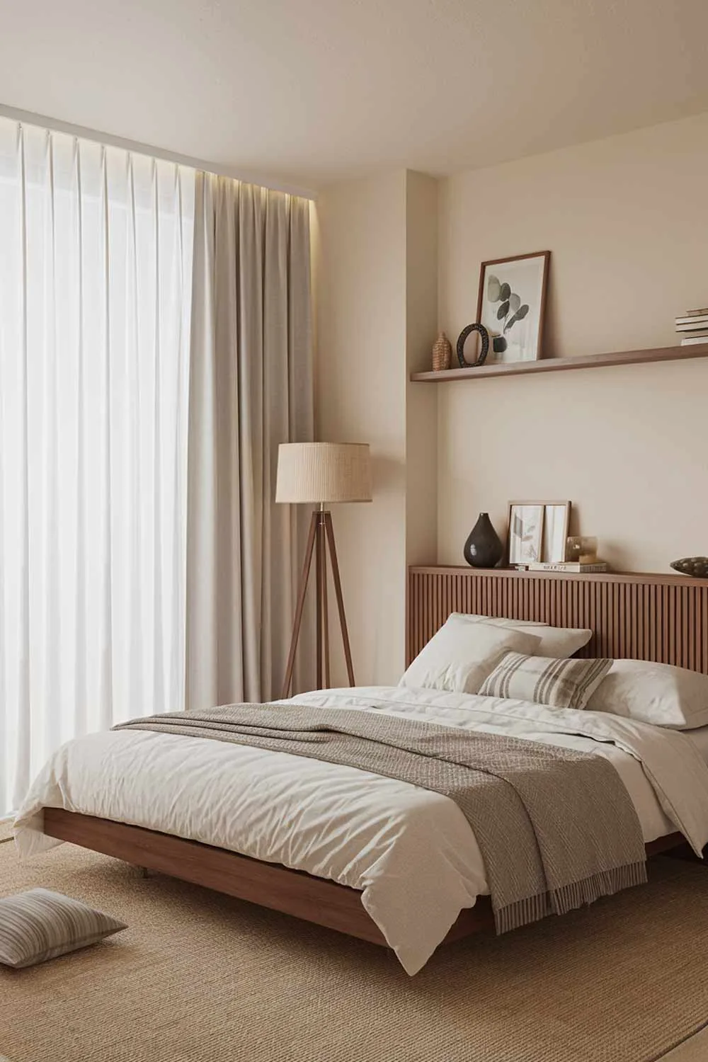 A cozy japandi bedroom interior design with a queen-size bed, a wooden headboard, and a few pillows. There's a floor lamp beside the bed and a few decorative items on the wooden shelves above the bed. The room has a large window with white curtains, and the walls are painted in a soft beige color. The floor is covered with a beige rug.