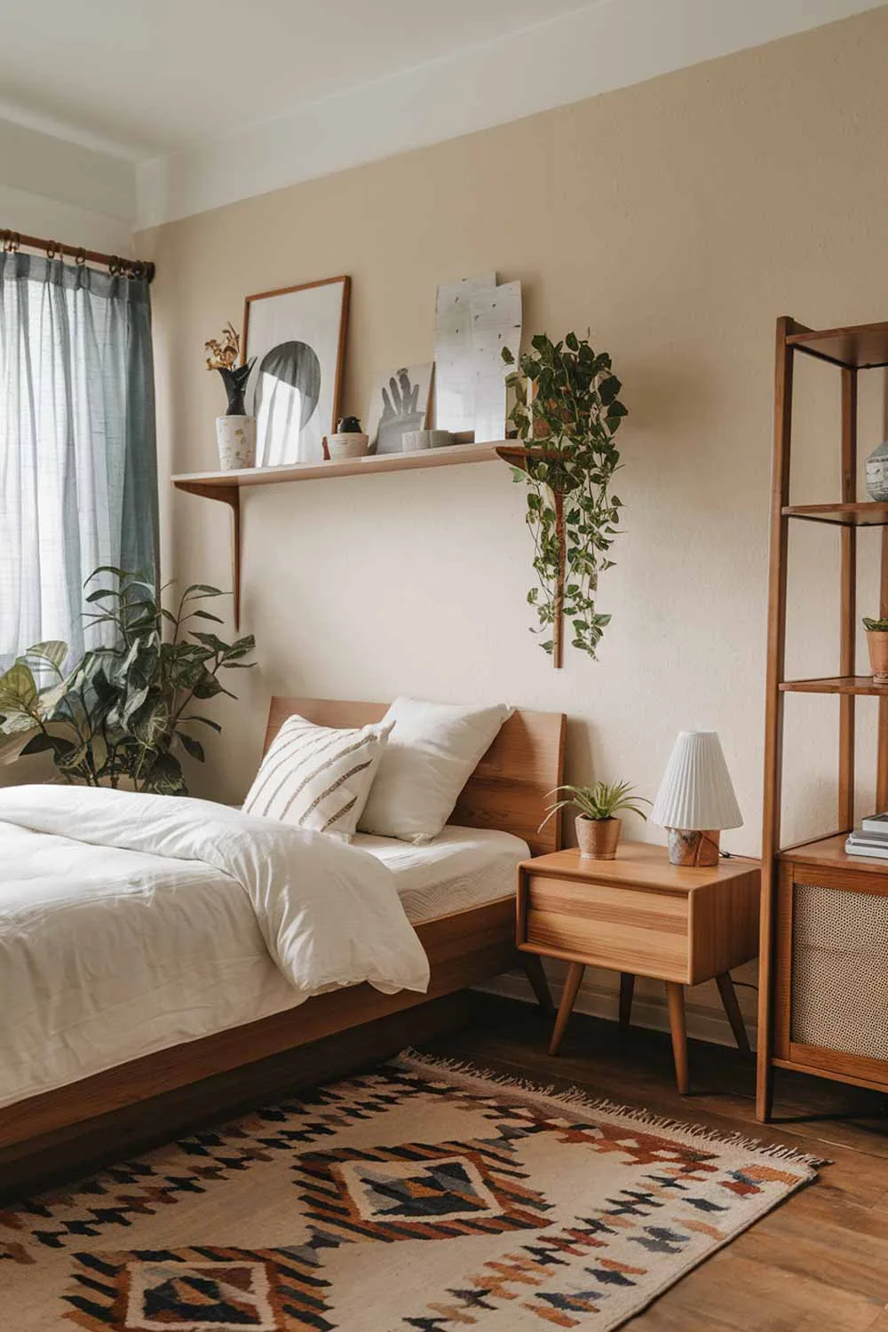 A cozy japandi bedroom interior design. The room has wooden furniture, a patterned rug, and a few decorative items. There is a wooden bed with a white duvet and a few pillows. Next to the bed, there is a wooden nightstand with a lamp and a plant. In the corner, there is a wooden shelf with a few items. The room has a beige walls and a wooden floor