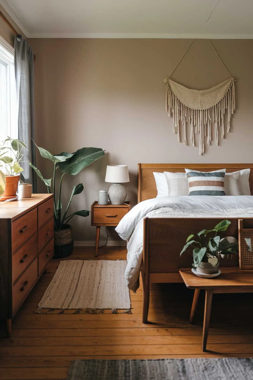 A cozy Japandi bedroom with a wooden floor and a few furniture pieces. There's a wooden bed with a white duvet and a few pillows. Near the bed, there's a wooden nightstand with a lamp and a decorative item. On the other side of the room, there's a wooden dresser with a few items. The room has a few potted plants and a rug. The walls are painted in a soft hue.