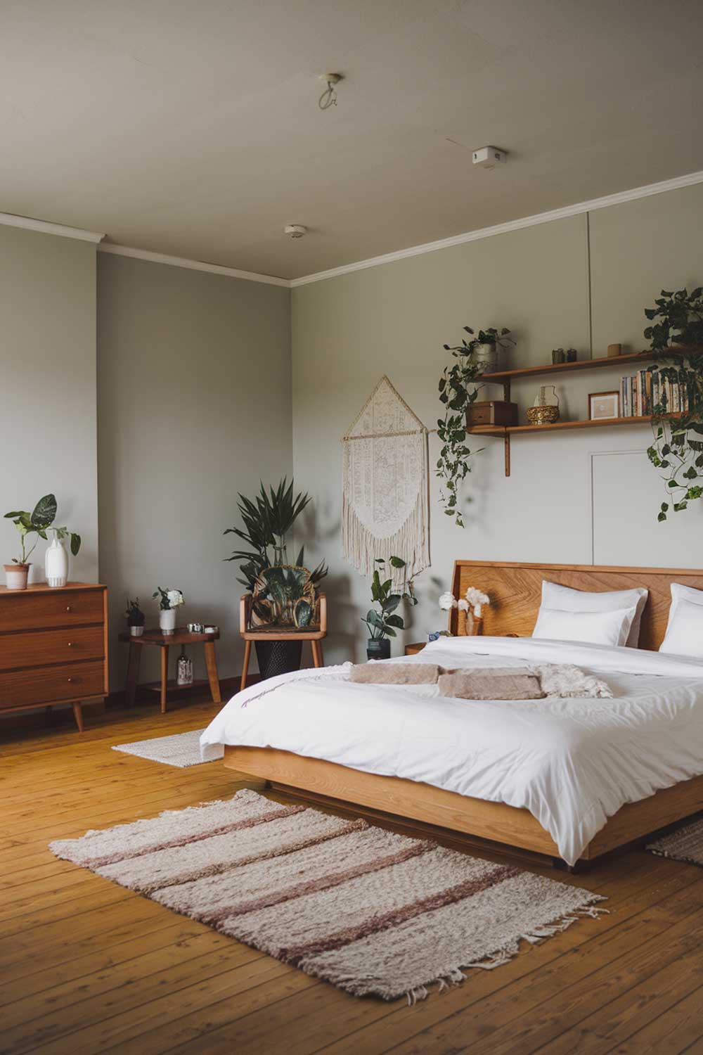 A cozy Japandi bedroom interior design. The room has a wooden floor and features a wooden platform bed with white bedding. There's a wooden dresser and a bookshelf with plants against one wall. A plush rug is placed beneath the bed. The room has a few pieces of decorative furniture, including a chair and a small table. The walls are painted in a soft gray color.