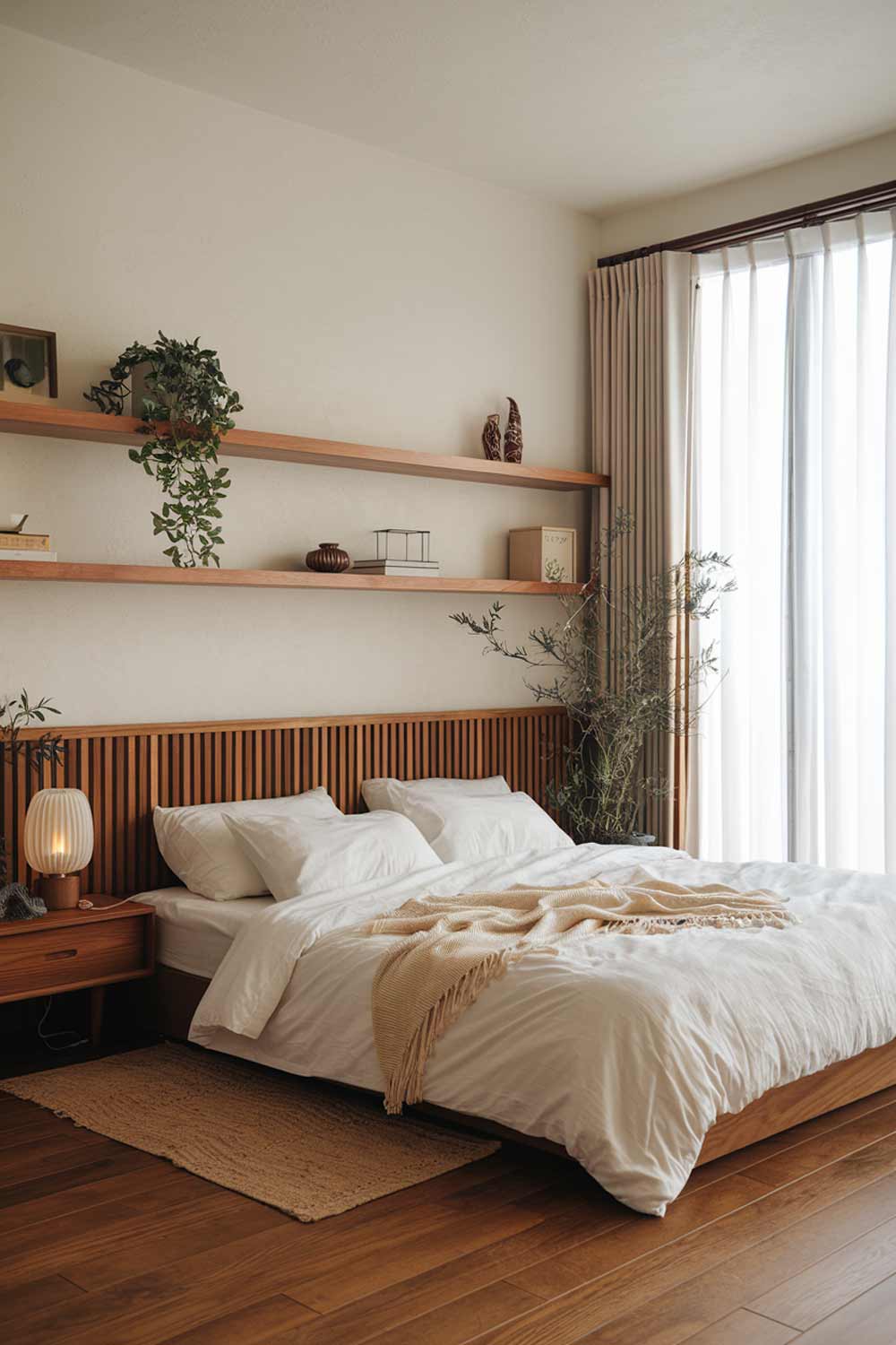 A cozy japandi bedroom interior design with a wooden floor. The room has a large white bed with wooden slats on the headboard and a white blanket. There is a wooden nightstand next to the bed, holding a lamp and a plant. The room has a few wooden shelves on the wall, displaying a few decorative items. There is a plant near the bed. The room has a large window with white curtains.