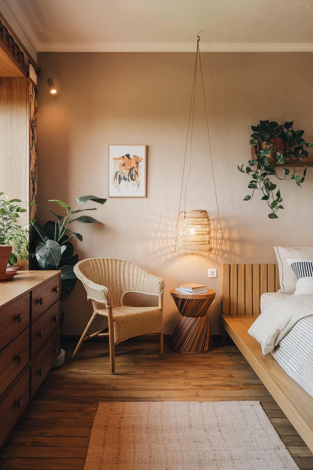 A cozy Japandi bedroom interior design. The room has a wooden floor and is furnished with a platform bed, a wooden dresser, and a reading nook with a wicker chair and a small side table. The walls are painted in a soft beige hue and have a few pieces of artwork. The room has a few potted plants, adding a touch of greenery. The lighting is warm and soft.