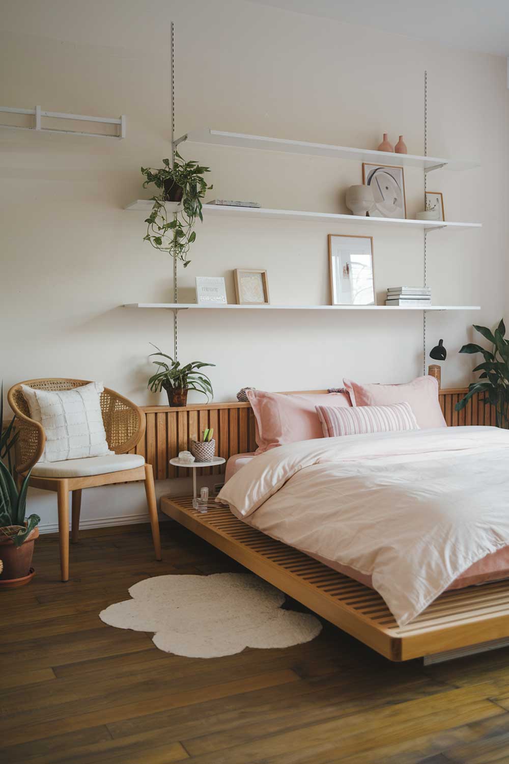 A cozy japandi bedroom with a wooden floor. There's a wooden platform bed with a white duvet and pink pillows. The wall behind the bed has white shelves and a few decorative items. There's a wooden chair with a white cushion in the corner. The room has a few potted plants.