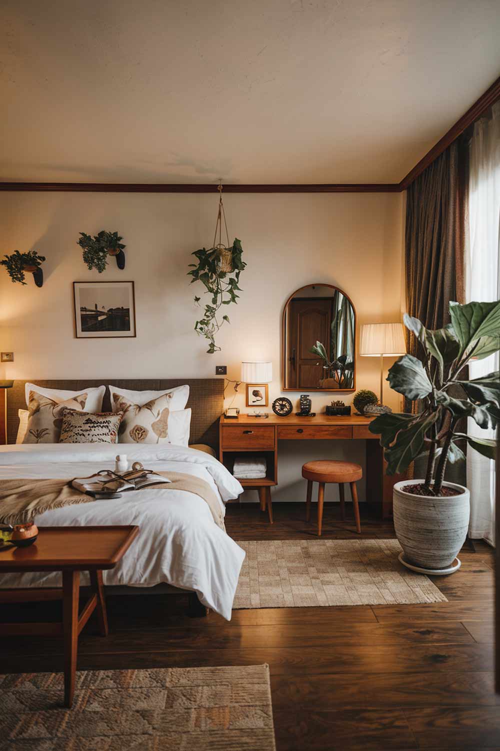 A cozy luxury japandi bedroom interior design with a wooden floor. The room has a king-size bed with a white duvet and multiple decorative pillows. There is a wooden dresser with a mirror and a lamp beside the bed. The walls are adorned with plants and a photo frame. A large potted plant is placed by the window. The room has a warm ambiance with soft lighting.