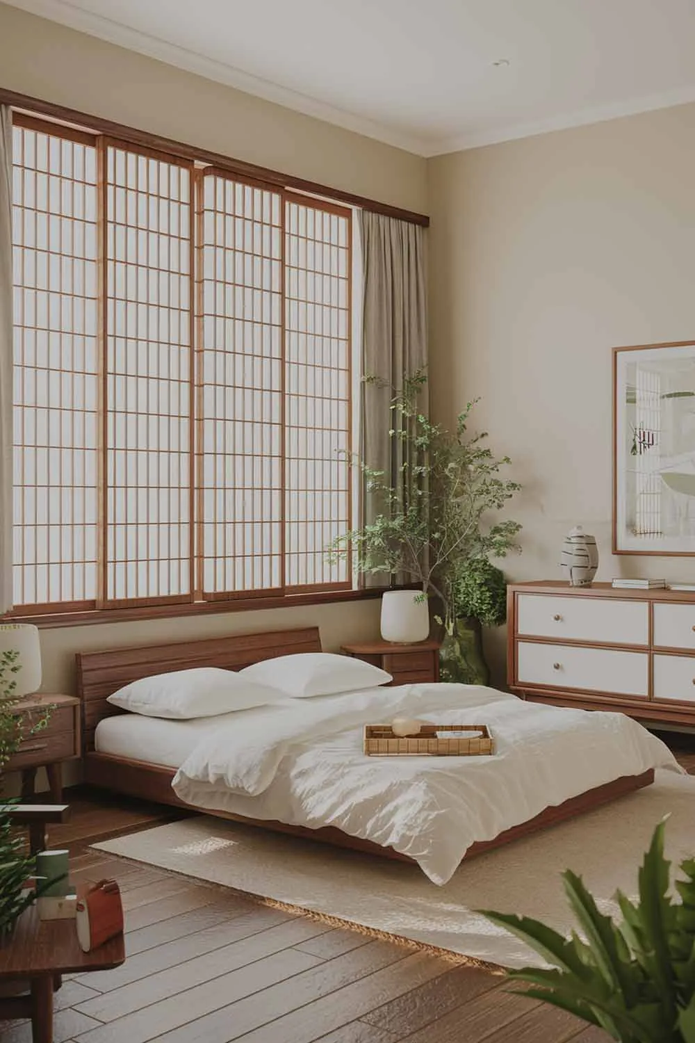 A cozy luxury Japandi bedroom interior design with a mix of Japanese and Scandinavian styles. The room has a wooden floor, a large window with wooden shutters, and a few pieces of furniture. There is a wooden bed with a white duvet and two white pillows on top. Next to the bed is a wooden nightstand with a white lamp. On the other side of the room, there is a wooden dresser with white drawers. The walls are painted in a soft beige hue. There are a few green plants in the room, and the overall design has a serene and calming atmosphere.