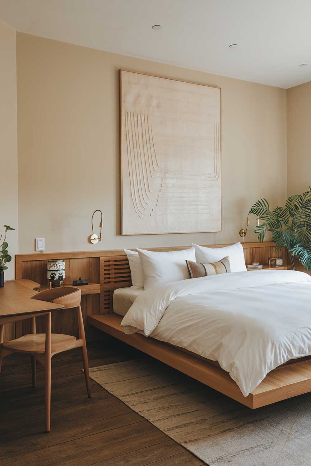 A cozy luxury japandi bedroom interior design with a wooden platform bed, a white duvet, and a few pillows. There are also a wooden desk, a chair, and a potted plant near the bed. The walls are painted a soft beige color, and there is a large, abstract artwork hanging above the bed. The room has wooden flooring.