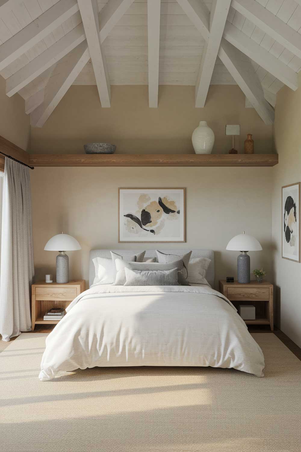 A cozy luxury japandi bedroom interior design. The room has a high ceiling and is filled with natural light. There is a queen-size bed with a white duvet and gray pillows. The walls are painted beige. The floor is covered with a beige wool rug. There are two wooden nightstands on either side of the bed. One nightstand has a white lamp and a gray bowl. The other nightstand has a white lamp and a gray box. The room has a wooden shelf above the bed. The shelf holds a white vase and a few decorative items. The room has a few pieces of artwork on the walls.