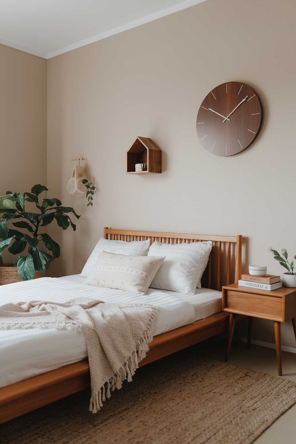 A cozy small japandi bedroom interior design with a wooden bed frame, white bedding, a few pillows, and a wooden nightstand. There's a potted plant near the nightstand. The walls are painted beige and have a few decorative items, including a large wooden clock and a small wooden shelf. The floor is covered with a beige rug.