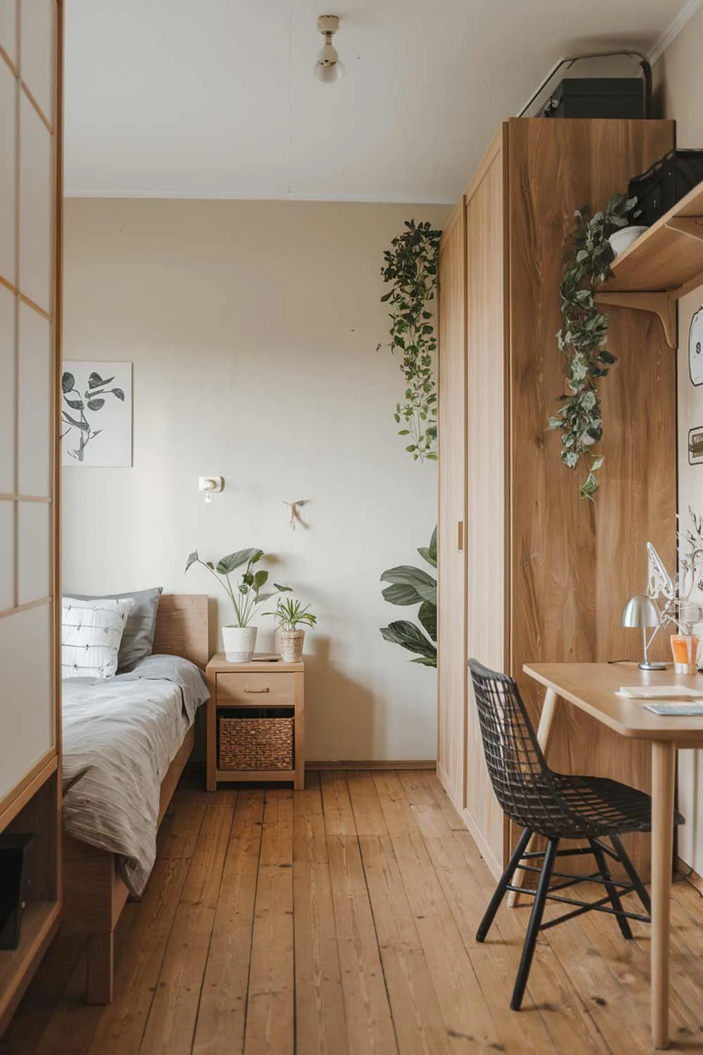 A cozy small Japandi bedroom interior design. The room has a wooden floor and a few pieces of furniture, including a bed, a nightstand, a wardrobe, and a desk. The walls are painted in a light color. The room has a few plants and a lamp. The overall design is minimalistic and has a natural color palette