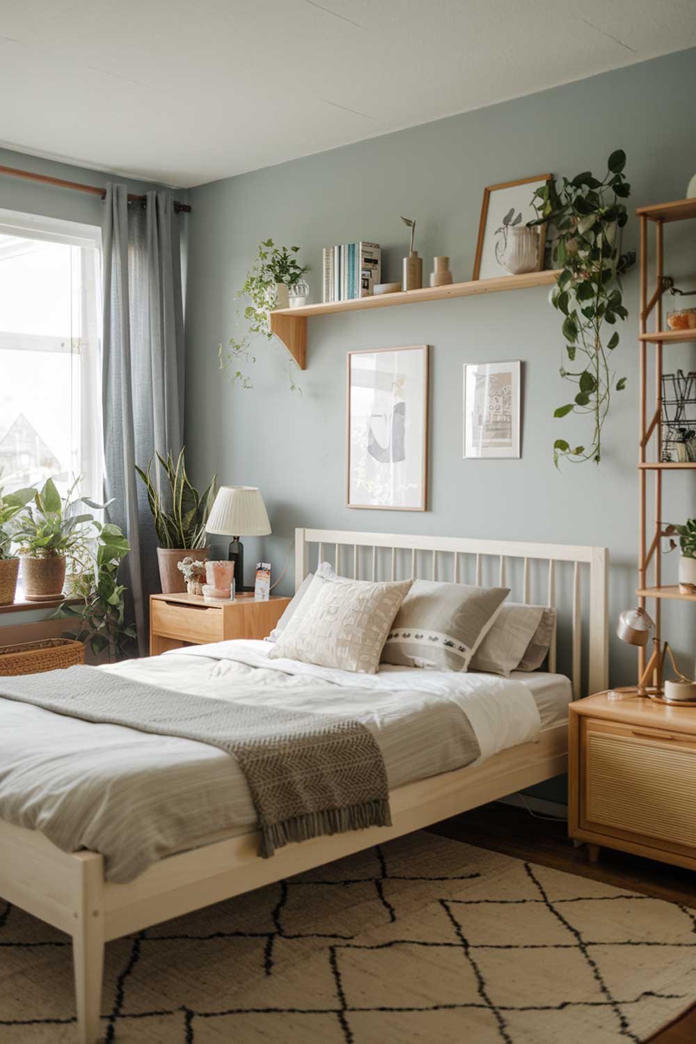  A cozy small japandi bedroom interior design with a white wooden bed frame, a beige rug, and a few pieces of furniture. The walls are painted in a light blue hue. There are plants near the window. The room has wooden elements, such as the bed frame, a nightstand, and a shelf. The room has a few decorative items, including a lamp, a plant, and a few books.