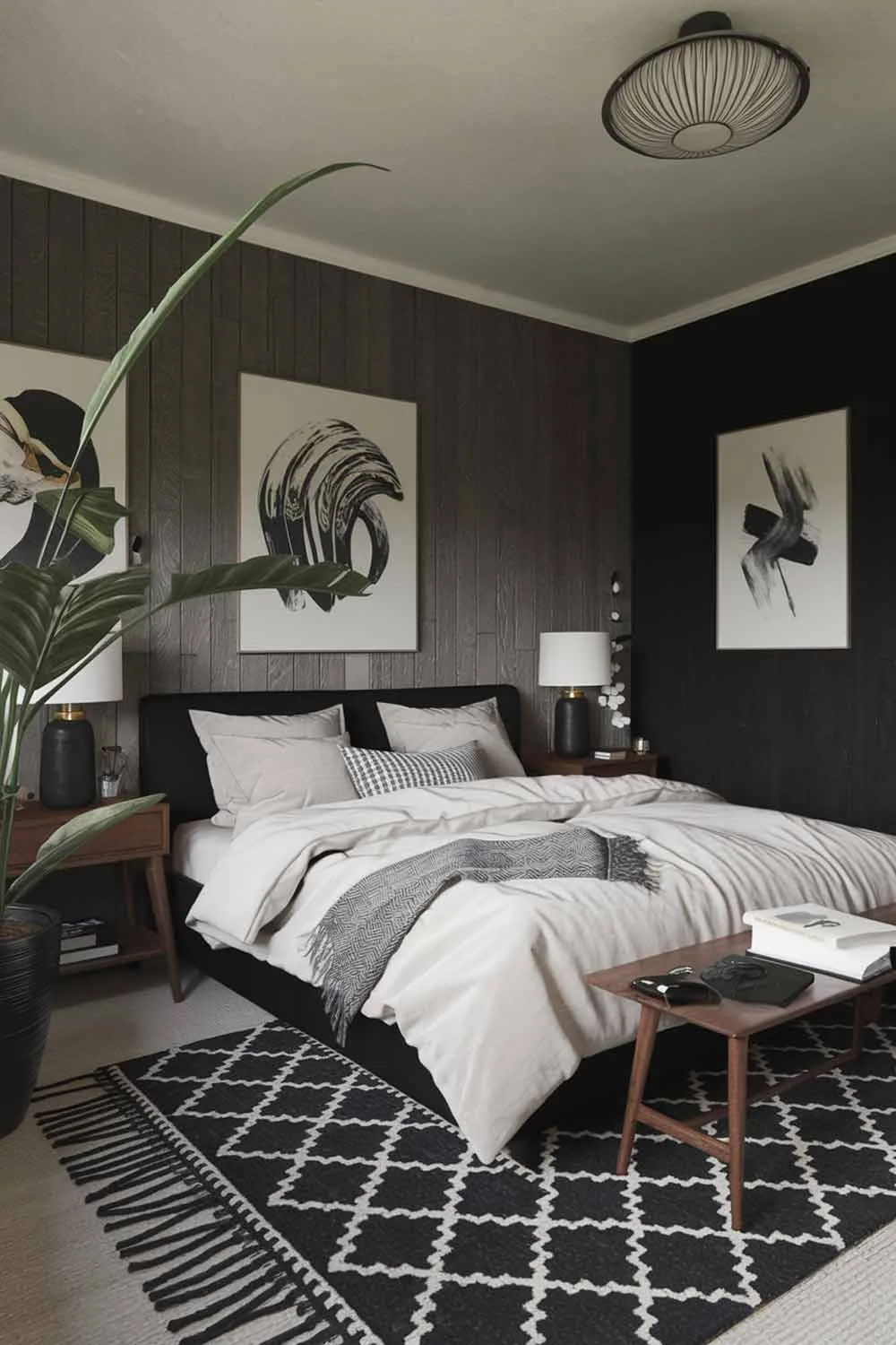 A cozy black japandi bedroom interior design with a king-size bed. The bed is placed against the wall and is covered with a white duvet and a few pillows. A wooden bedside table is placed on either side of the bed, each with a lamp. A large plant is placed on the left bedside table. The room has a black and white patterned rug beneath the bed. The walls are adorned with a few pieces of artwork. The room has a wooden accent wall and a ceiling light fixture.