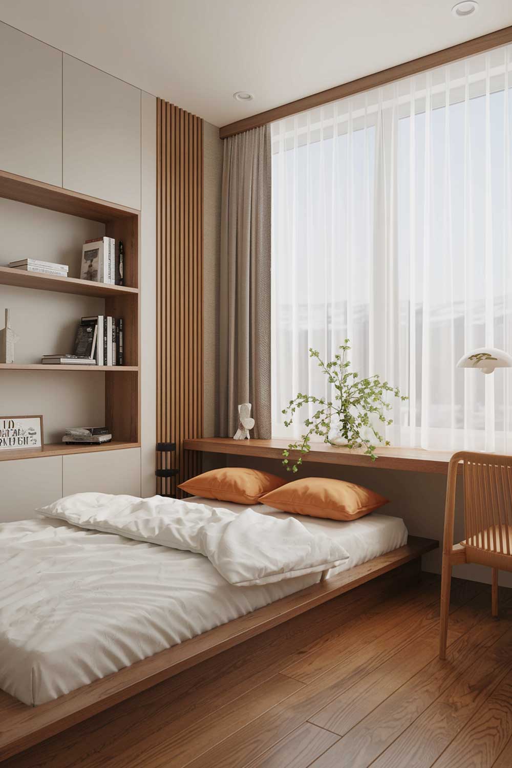 A cozy modern japandi bedroom interior design with a wooden floor and a large window with white curtains. There's a wooden platform bed with a white duvet and two orange pillows. Next to the bed, there's a white bookshelf with a few books and a few decorative items. On the other side of the room, there's a wooden desk with a green plant and a white lamp. The walls have a light gray color.