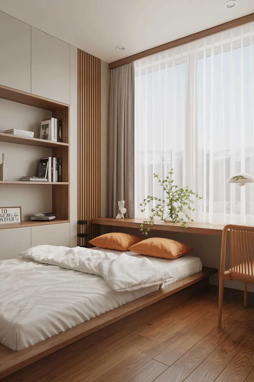 A cozy modern japandi bedroom interior design with a wooden floor and a large window with white curtains. There's a wooden platform bed with a white duvet and two orange pillows. Next to the bed, there's a white bookshelf with a few books and a few decorative items. On the other side of the room, there's a wooden desk with a green plant and a white lamp. The walls have a light gray color.