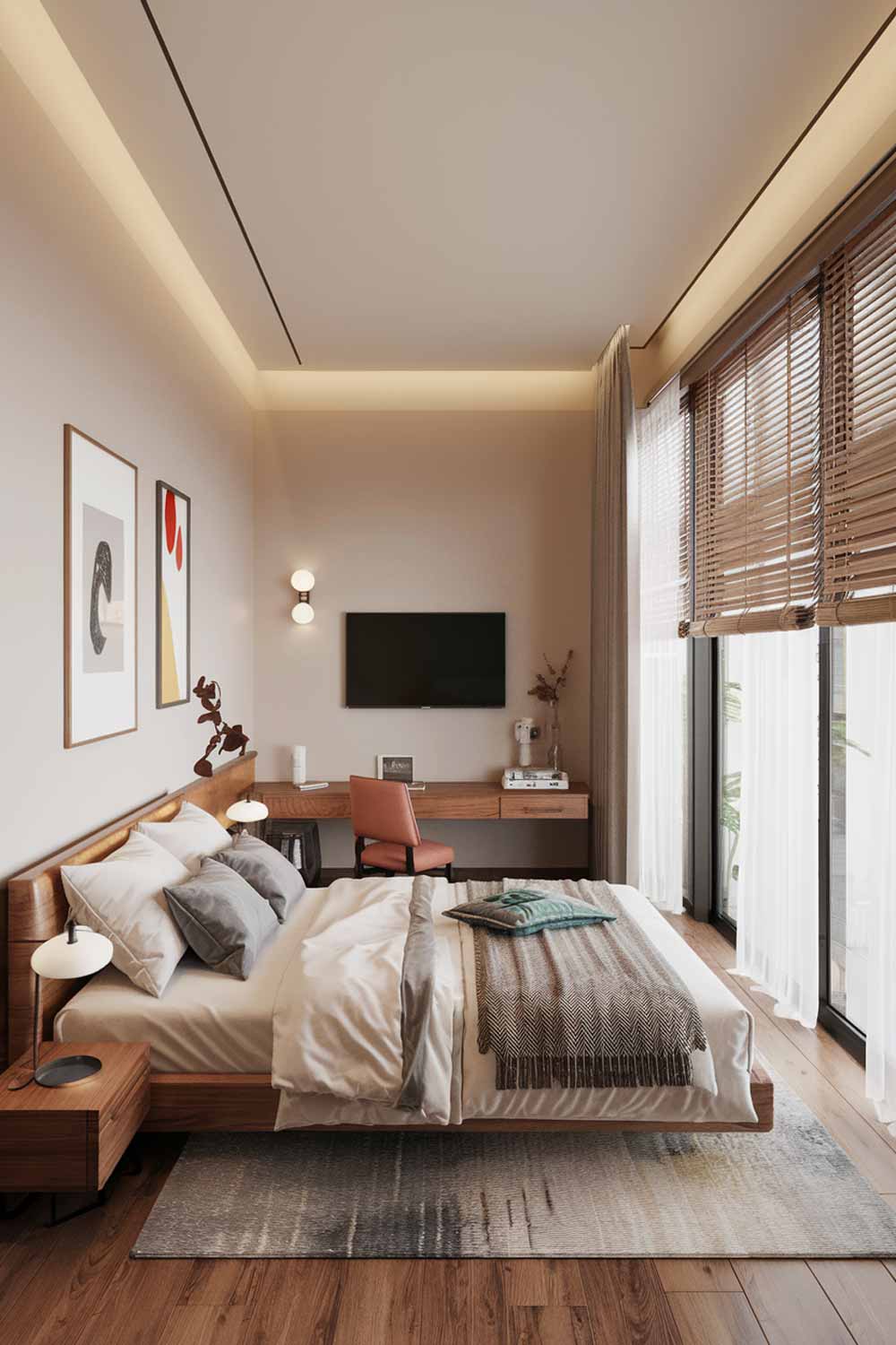 A cozy modern Japandi bedroom interior design with a king-size bed, a small wall-mounted TV, and a few pieces of furniture. The room has a wooden flooring and is painted in a soft beige hue. The walls are decorated with a few minimalist art pieces. There's a large window with wooden blinds, allowing natural light to fill the room.