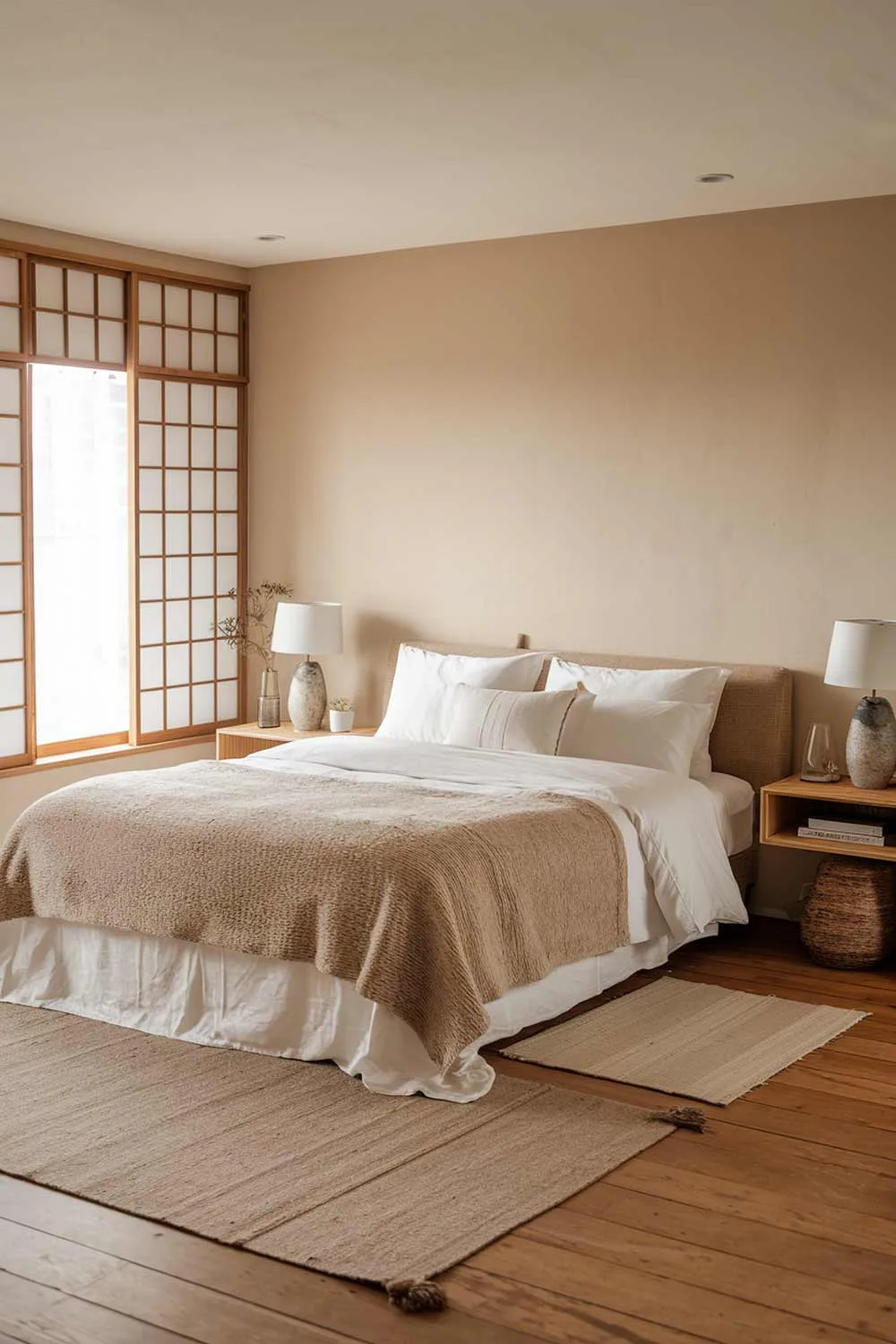 A cozy modern japandi bedroom interior design. The room has a wooden floor and features a king-size bed with a plush beige blanket and white pillow covers. The walls are painted in soft beige. There's a beige rug beneath the bed. A wooden bedside table on either side of the bed holds a white lamp and a few decorative items. The room has a large window with wooden frames, allowing soft natural light to fill the space.