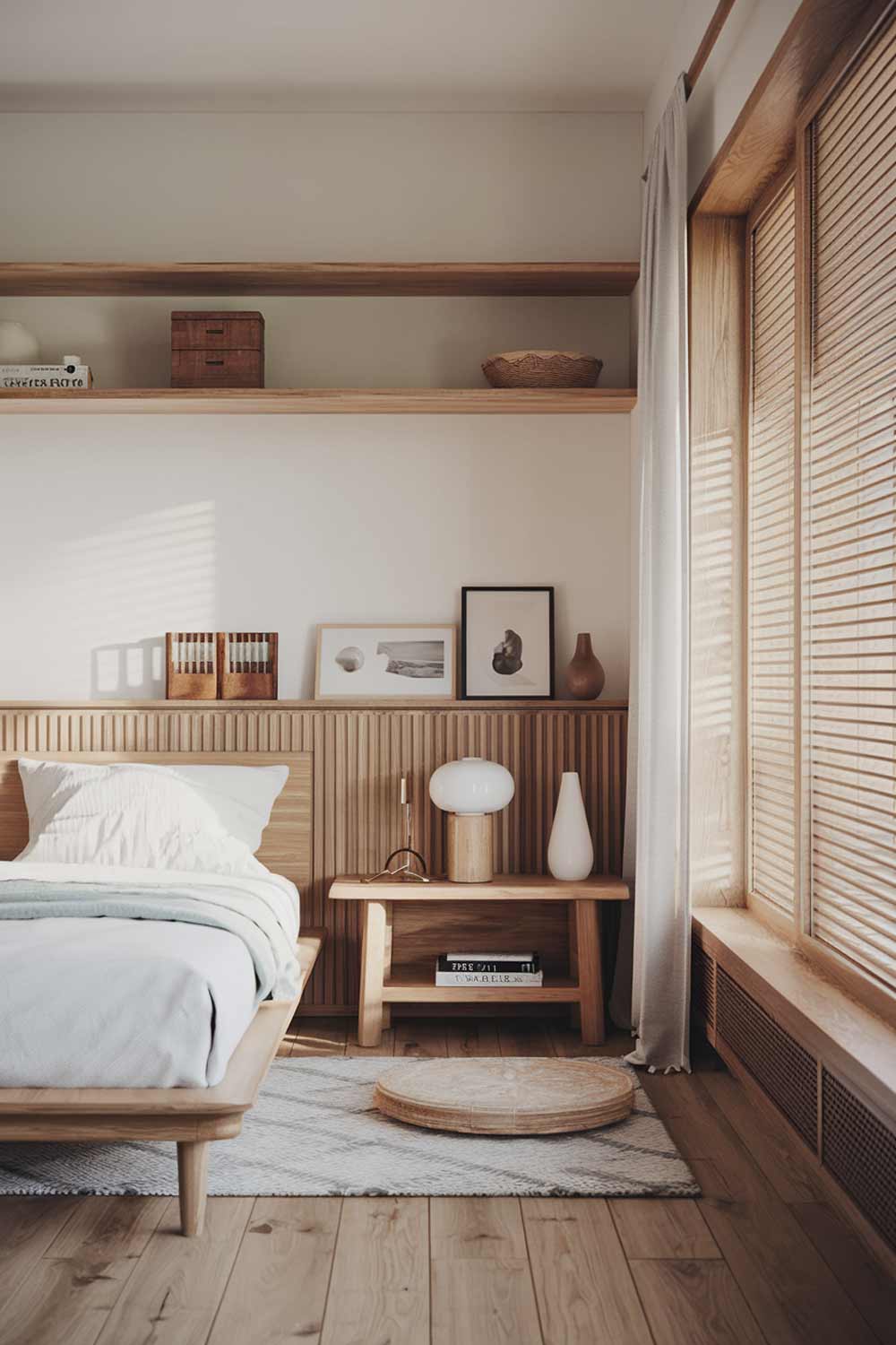 A cozy modern Japandi bedroom interior design with a wooden floor, white walls, and a few pieces of furniture. There's a white bed with wooden legs and a headboard made of light wood. Next to the bed, there's a wooden nightstand with a white lamp and a white vase. There's also a wooden shelf above the bed. The room has a few decorative items, including a white basket, a small wooden box, and a few books. The room has a large window with wooden blinds.