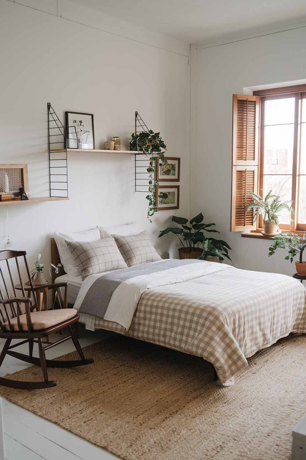 A cozy Japandi-style bedroom with a mix of modern and Scandinavian decor. There's a queen-size bed with a beige and gray checkered quilt. The walls are painted white. A wooden shelf is mounted on the wall above the bed. There's a rocking chair with a beige cushion near the shelf. The floor is covered with a beige rug. There are two potted plants near the window. The window has wooden shutters.