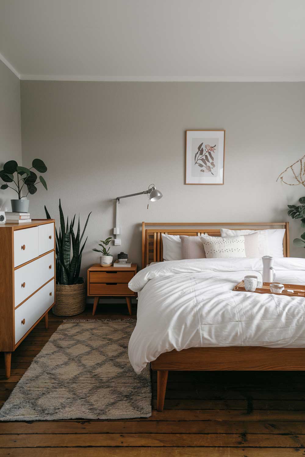 A cozy modern japandi bedroom interior design. The room has a wooden floor and features a large wooden bed with a white duvet. There is a white dresser with wooden drawers and a wooden nightstand beside the bed. The walls are painted in a light gray color. The room has a few plants, a lamp, and a rug. The lighting is soft.