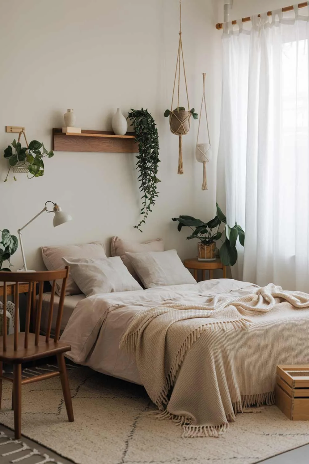 A cozy Japandi bedroom with a minimalist interior design. The room has a queen-sized bed with a beige blanket and light gray pillows. There's a wooden chair near the bed. The room has a beige rug. On the wall, there's a wooden shelf with a white vase and a green plant. The wall also has a few hanging plants. The room has a few wooden boxes on the floor. The room has a white lamp on the bedside table. The room has a white curtain over a window.