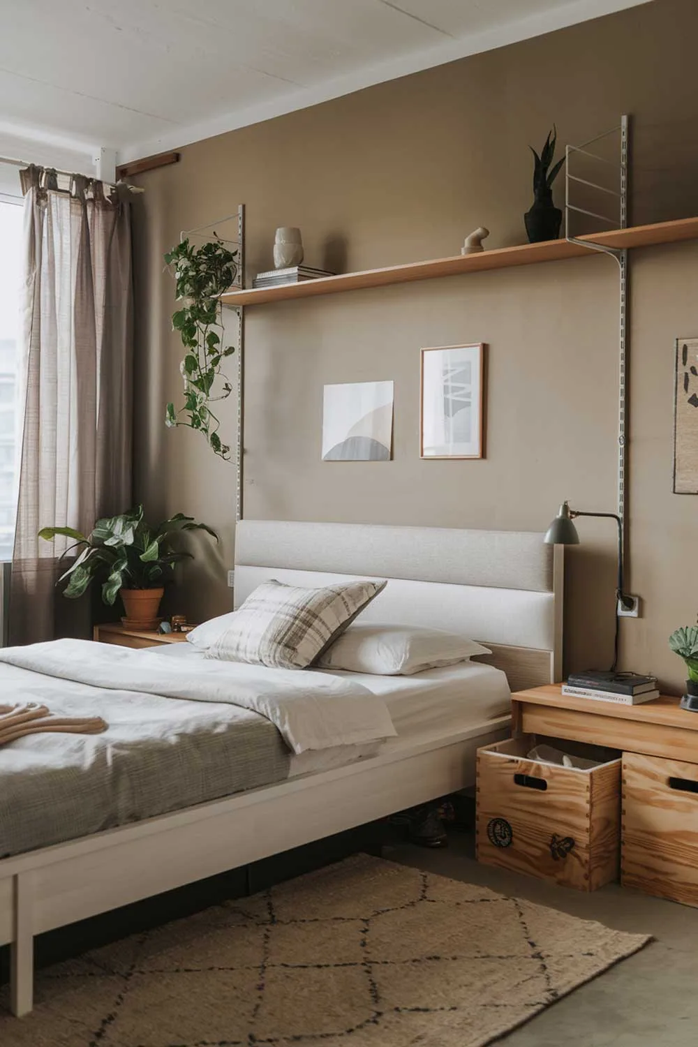 A cozy Japandi bedroom interior design in an apartment. The room has a minimalist aesthetic with a mix of modern and Scandinavian design elements. There's a queen-size bed with a white wooden frame and a gray headboard. The walls are painted in a muted beige color. There's a wooden shelf above the bed and a few wooden storage boxes beside the bed. The floor is covered with a beige rug. The room has a few decorative items, including a potted plant, a few books, and a small lamp.