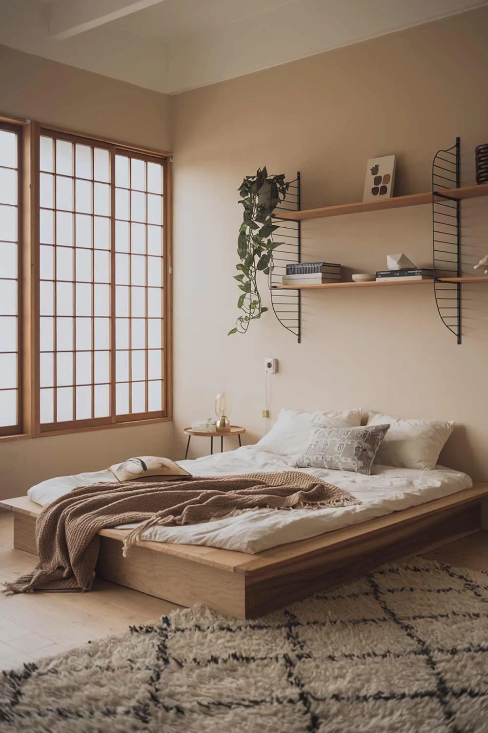 A cozy, simple Japandi bedroom with a low wooden bed frame, a plush rug, and a few decorative items. The walls are painted a soft beige color. There are wooden shelves above the bed, holding a few books and a plant. A small side table with a lamp sits near the bed. The room has large windows with wooden frames, allowing natural light to fill the space.