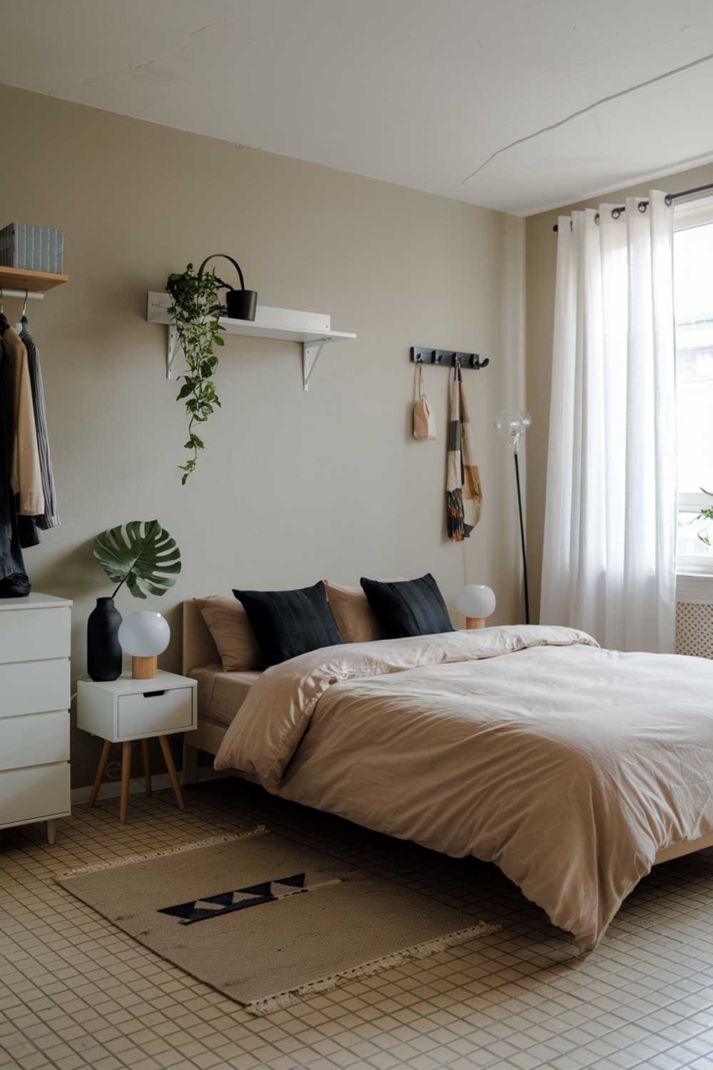 A cozy japandi bedroom interior design. The room has a simple layout with a queen-size bed, a nightstand, a dresser, and a floor lamp. The walls are painted in a light gray color. The floor is covered with beige and black checkered tiles. The bed has a beige duvet and two black pillows. The nightstand has a white lamp and a black vase with a green plant. The dresser has a few clothing items. The room has a large window with white curtains. There's a rug in front of the bed. The walls have a few decorative items, including a white shelf with a black pot and a plant, and a black hook.