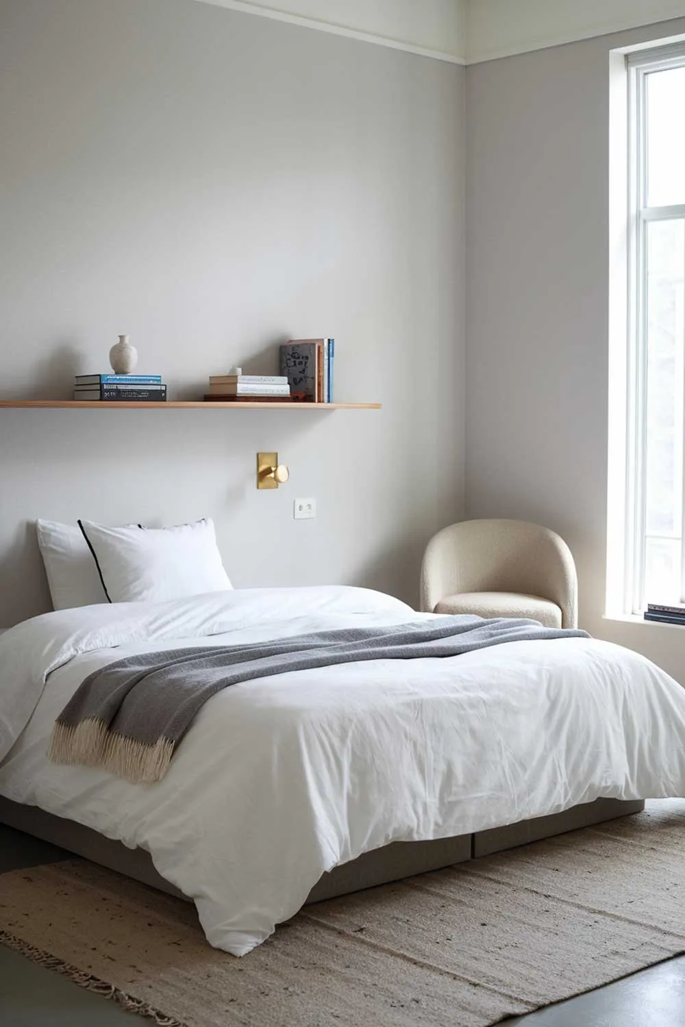 A cozy Japandi-style bedroom interior design. The room has a simple layout with a large window. There's a queen-size bed with a white duvet and a gray throw blanket. On the wall above the bed, there's a floating shelf with a few books and a small white vase. The floor is covered with a beige area rug. The walls are painted in light gray. There's a beige chair placed near the window.