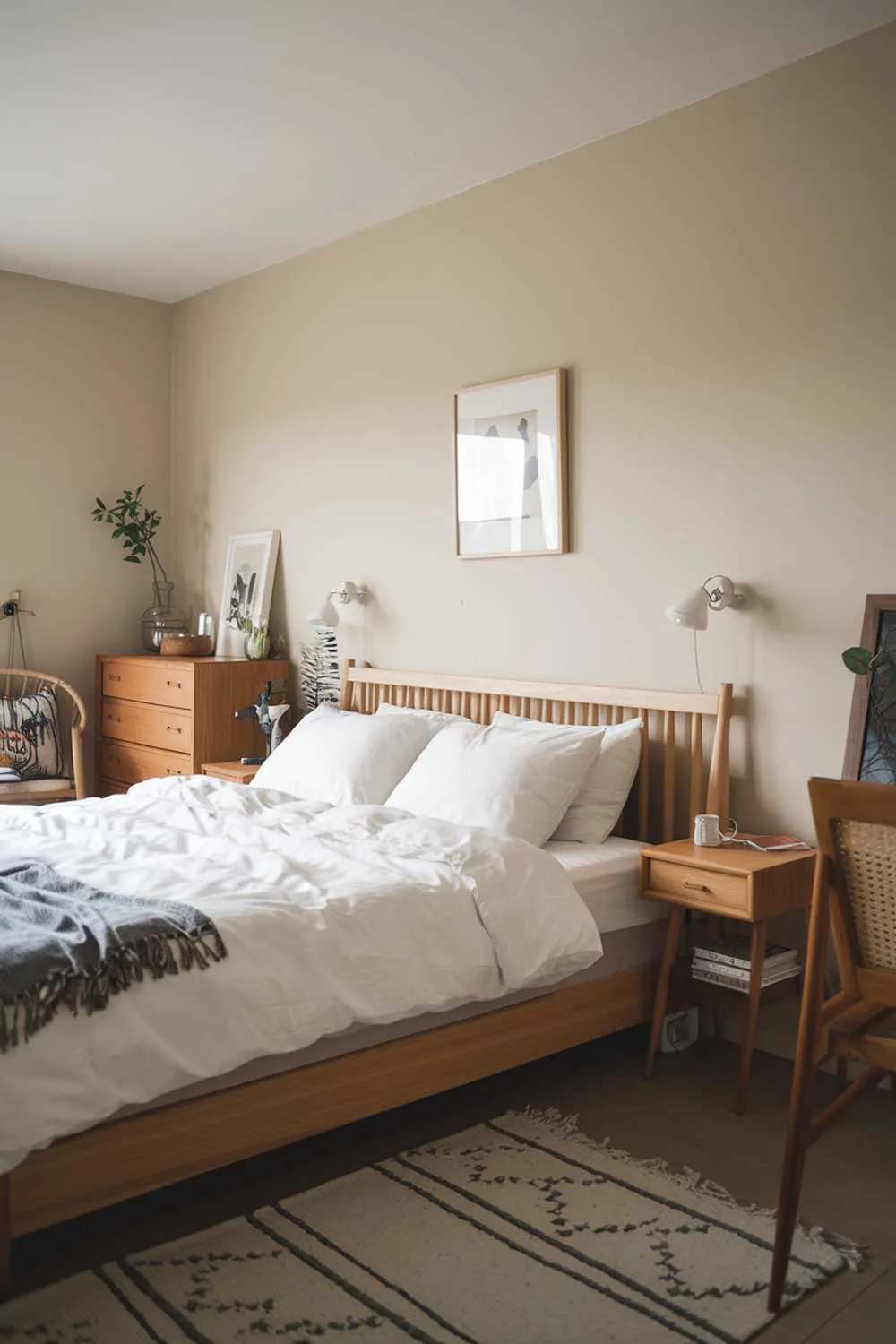 A cozy japandi bedroom interior design with a large bed, wooden furniture, and a few personal items. The bed is placed in the middle of the room and is made with white linens. A wooden dresser, nightstand, and chair are placed near the bed. A small plant sits on the nightstand. The walls are painted in a soft beige color.