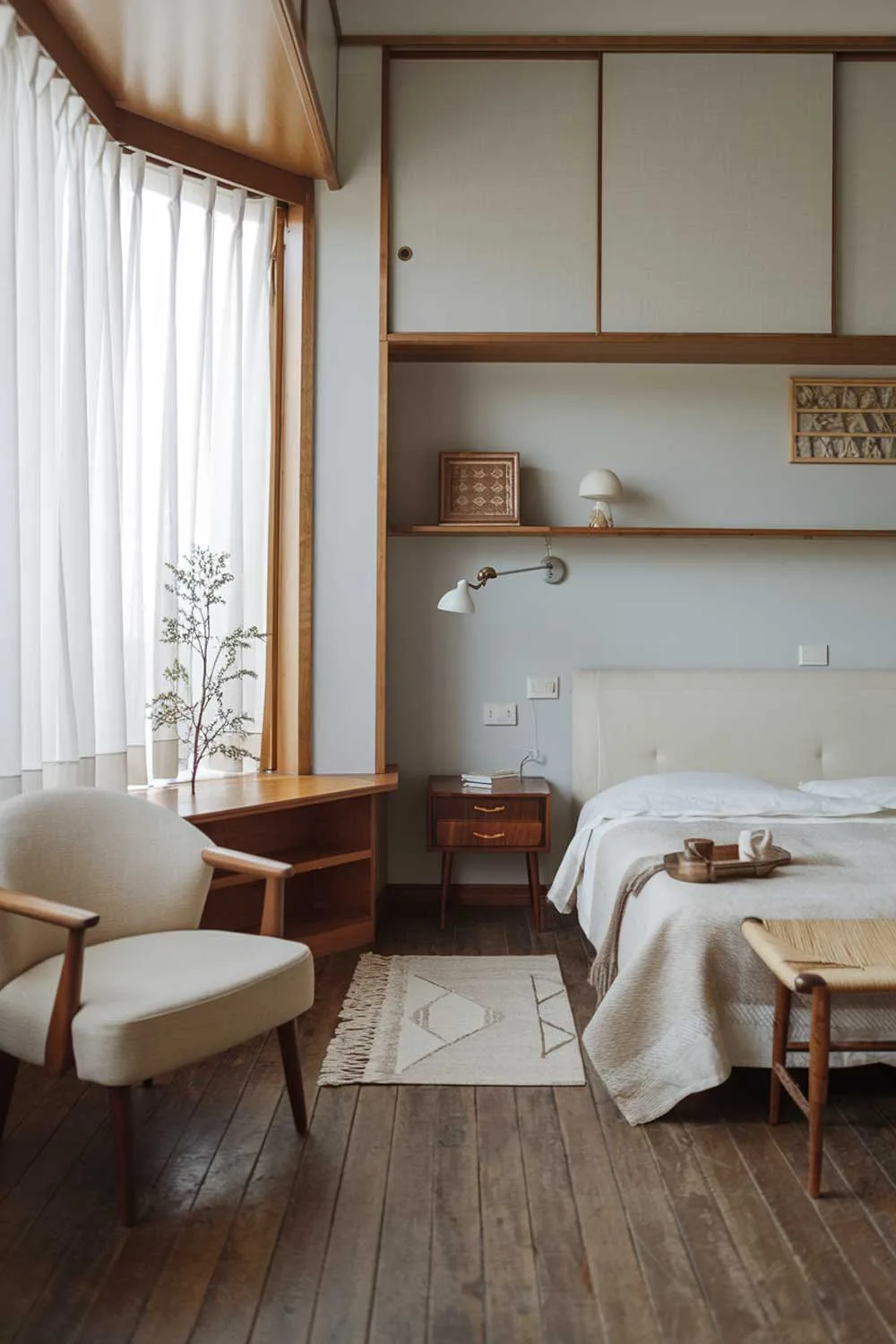 A cozy japandi bedroom with a wooden floor, a large window with white curtains, and a small plant near the window. The room contains a queen-size bed with a beige headboard, a small wooden nightstand with a lamp on top, and a beige chair near the bed. The walls are painted light gray and have some wooden shelves. There is a wooden shelf above the bed with a white lamp and a decorative item.