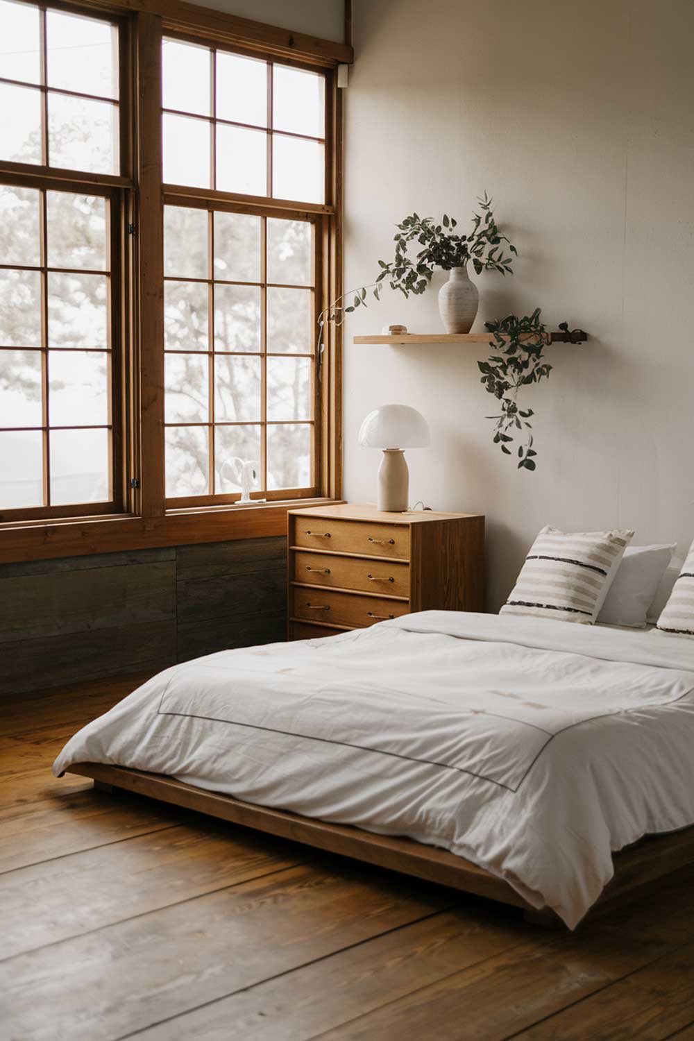 A cozy Japandi bedroom interior design. The room has a wooden floor and features a platform bed with a white duvet and two throw pillows. There's a wooden dresser with a white lamp on top of it, placed against the wall. The wall has a floating shelf with a white vase and greenery. The room has large windows with wooden frames, allowing natural light to fill the space.