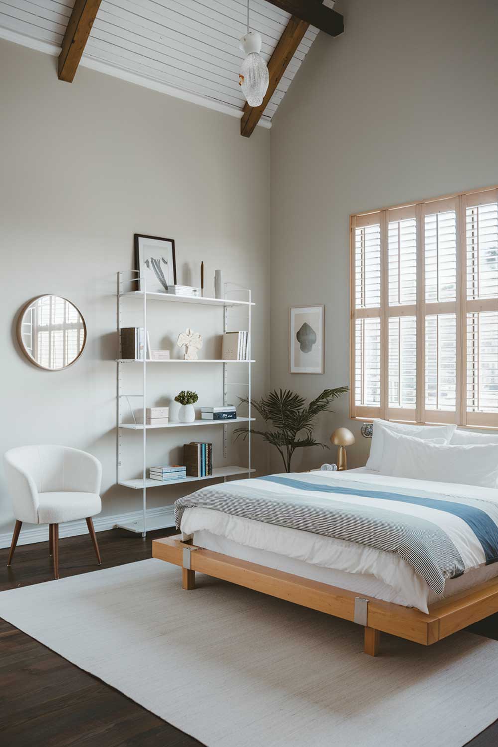 A japandi bedroom interior design. The room has a high ceiling and is painted in a soft gray hue. There is a large window with wooden shutters. A wooden platform bed with exposed wooden beams is placed in the middle of the room. The bed has a white mattress and is covered with a blue and white striped duvet. A white rug is placed beneath the bed. The room has a white bookshelf with a few books and decorative items. There is a white chair in the corner. The walls are decorated with a few items, including a round mirror, a small plant, and a few decorative items.