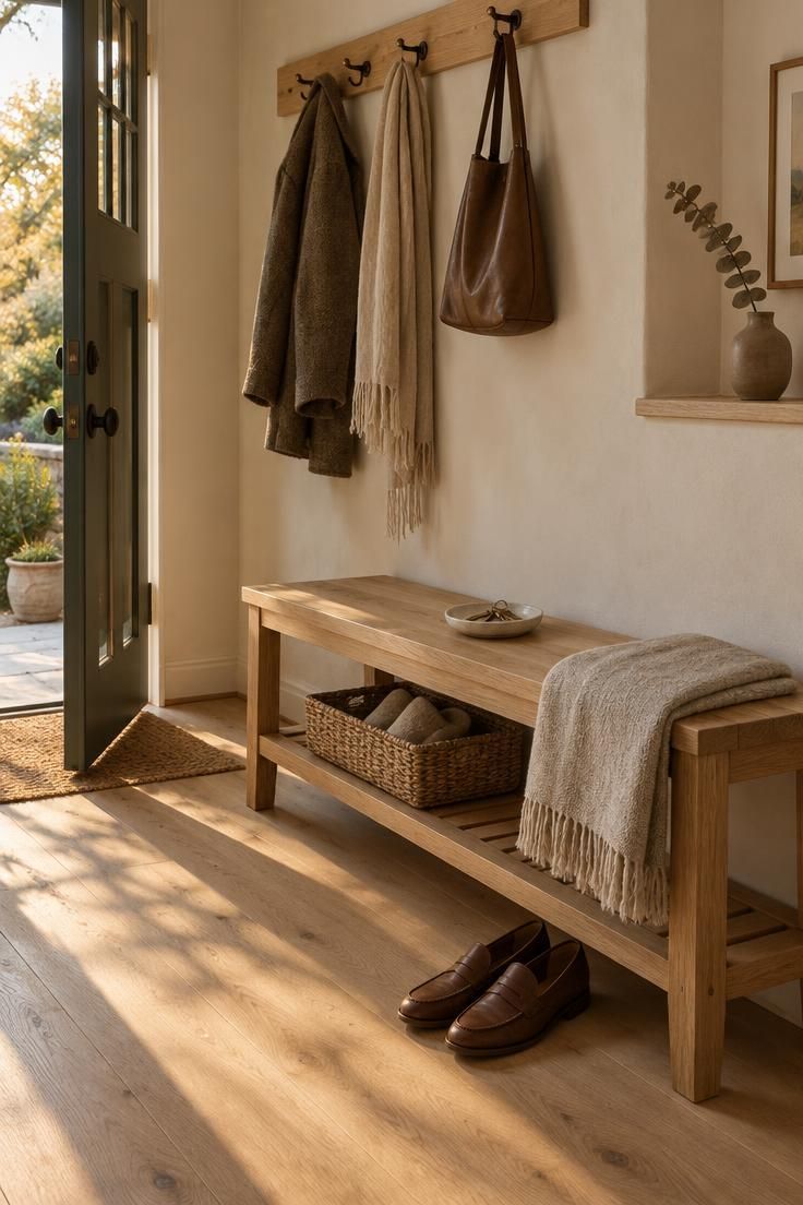 A low white oak shoe bench with a slatted shelf and a woven basket of slippers inside an entryway, lit by warm late-afternoon light from an open front door.