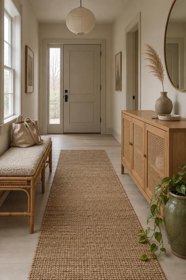A cane front console in warm wood across from a low rattan bench with a wool cushion, a sisal runner between them and a dried stem in a stoneware vase on top.