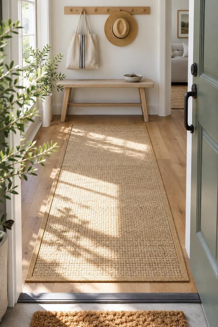 A wide sisal runner with a bound edge extending from an open front door to a pale wood bench, with a coir mat outside and bright midday light across the floor.